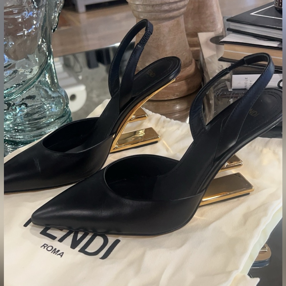 Fendi Black Leather Slingback Heels with Gold Sculptural Heel Accent
